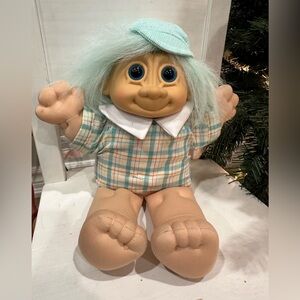 Vintage Russ Berrie & Co. Plush Troll Doll, Blue Eyes, Teal Hair 12”